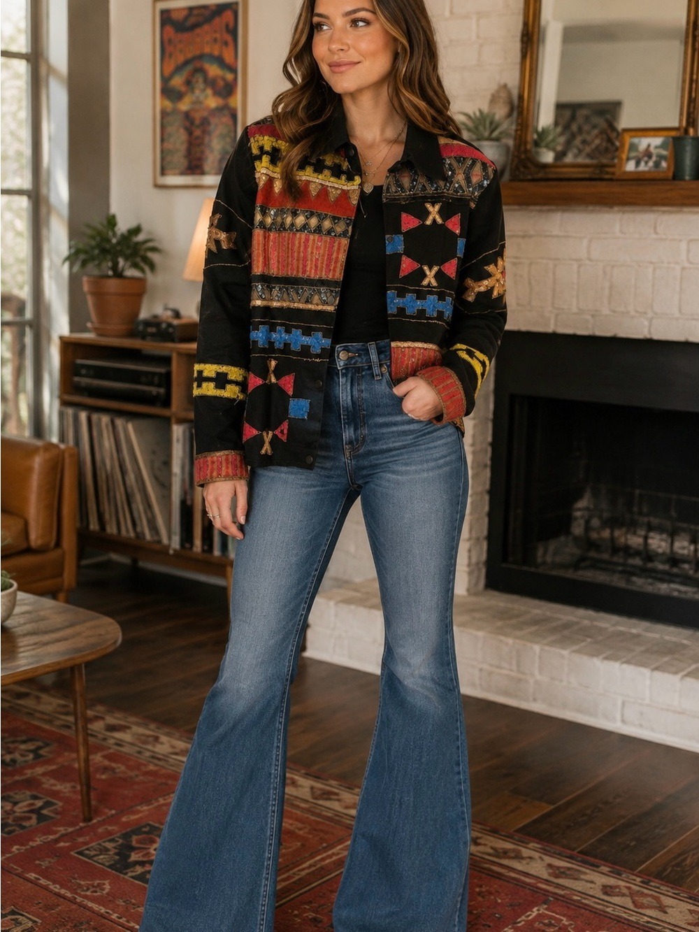 Vintage Modi Denim Sequined Jacket, Size S, Back w/Multi-Color Sequin & Designs.
